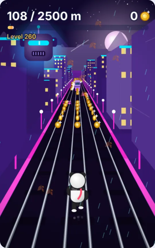 The panda running through a neon city at night
