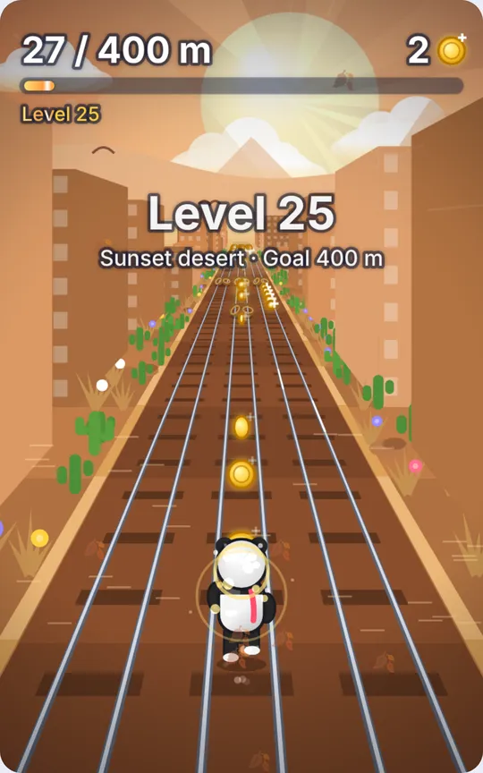 Dashlings gameplay: a panda running along a desert train track